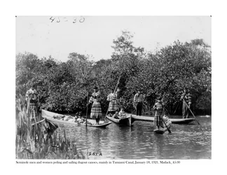 Seminole men and women poling and sailing dugout canoes on Tamiami Canal, 18 January, 1921